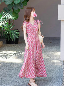 French Red V-Neck Plaid Dress Womens Summer Unique Design High-End Sensation Waist-Cinching Elegant Skirt Korean Style Commute