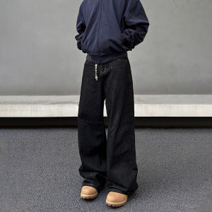 กางเกงยีนส์ขากว้างสไตล์ย้อนยุคแบบอเมริกัน กางเกงขายาวทรงตรงหลวมๆ สีดำ กางเกงขายาวลำลองสำหรับผู้ชายและผู้หญิง