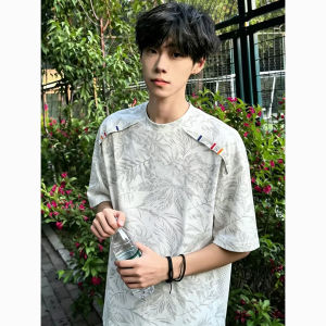 ZHUOCAN | Deco Constructed Printed Loose Drop-shoulder Mens T-Shirt
