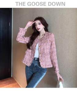Áo khoác dạ tweed nữ dáng vừa màu hồng mẫu mới hót