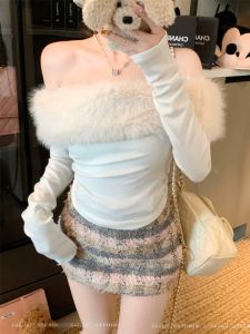 GUZILIAN | Off-Shoulder Faux Fur Collar Long Sleeve White T-shirt Slim Fit Waist Cincher
