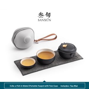 SANXUN | Portable Office & Travel Set Lightweight Black Porcelain Kung Fu Tea Set
