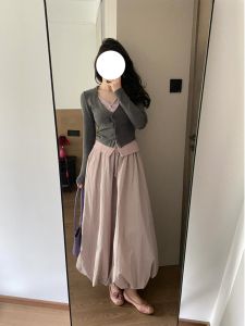 Pink Fluffy Flower Bud Skirt Womens Early Autumn Mid-Length Lantern Half-Skirt High Waist A-Line Umbrella Skirt Two-Piece Set