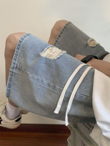 กางเกงขาสั้นยีนส์ทรงหลวมเอวยางยืดสำหรับผู้ชาย ทรงหลวมสไตล์ย้อนยุค ทรงตรง กางเกงขายาวทรงตรง ทรงหลวม ฤดูร้อน 2024