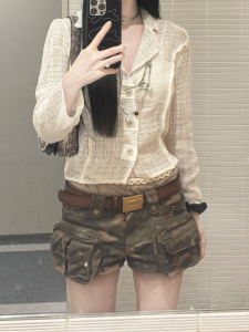 American Retro Y2K ลายพราง กางเกงขาสั้น ผู้หญิง ฤดูร้อน ดีไซน์ Sense Wash Heavy Duty กระเป๋าเสื้อ ชุดทํางาน กางเกง ความยาวสั้นสีน้ําเงินเข้ม