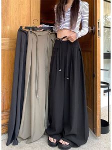 Elegant Drapey Suit Pants Drawstring Casual Womens Loose Black Wide Leg Pants Spring Autumn Floor Length Grey Long Pants