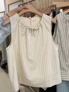 Korean Style Fashion Stripes Sleeveless Vest Shirt Womens Summer Stylish Loose Slim Looking Pleated round Neck Small Shirt Top