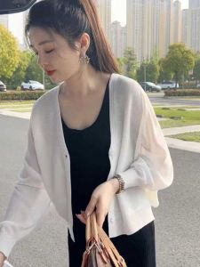 Ice Silk Knitted Summer Lightweight Womens Sun Protection Cardigan Korean Style Long Sleeve round Neck Single Button Coat