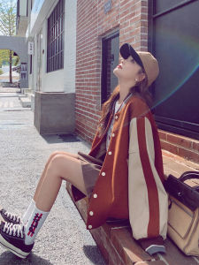 Caramel Brown Retro Baseball Jacket Womens Spring Autumn New College Style Design Sense Color Block Leather Collar Button up
