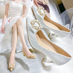 Wedding Shoes Womens New 2025 Crystal Thick Heel Comfortable Not Tired Footwear Daily Pregnant Women Can Wear Show Heel Gown Two-Way