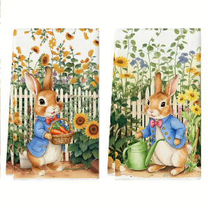 2 Easter Sunflower Bunny Kitchen Towels Dish Towels Hand Towels Holiday Decorative Hand Towels Soft Absorbent Drying Cloths Kitchen Decoration Table Decoration Kitchen Supplies Home Decor