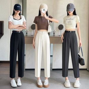 S-4XL Wanita Celana Setela Celana Panjang Kain Tipis Pinggang Tinggi Lurus Polos Pakaian Kerja Celana Panjang Slim Fit Desain