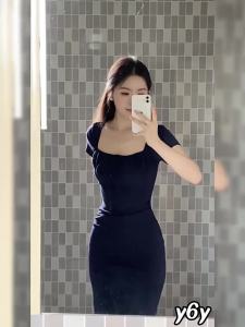 Y6Y | Đầm Dáng Xòe Ôm Eo Tay Ngắn Cổ Vuông Màu Xanh
