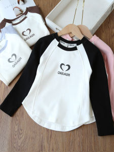 Fashionable Long Sleeve T-Shirt for Girls Autumn Spring Season Color Block Base Layer Shirt Shoulder Insert Design Cotton Blend