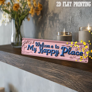 Vintage "Welcome to My Happy Place" Pink Metal Sign - 4x16" Rustic Foyer Living Room Decor Housewarming Gift