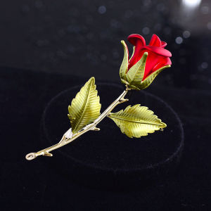 Red Rose and Green Leaf Flower Brooches Pins
