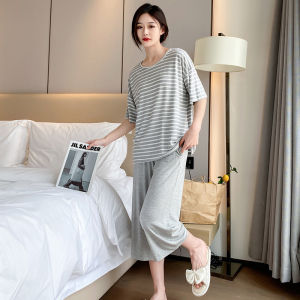 Modal Pajamas Womens Summer Thin Stripes Short-Sleeved Cropped Pants K-style Plus Size round Neck Summer Home Wear Suit