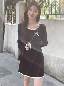 French Style Black Knitted Sweater Dress Womens Slim Fit Spring Autumn New Arrival Commute High Waist Butterfly Knot Hemline