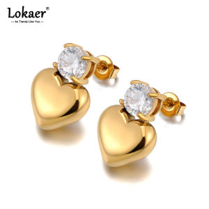 Lokaer Fashion Cubic Zirconia Love Heart Stud Earrings Stainless Steel 18K Gold Plated Handmade Daily Jewelry for Women E24217
