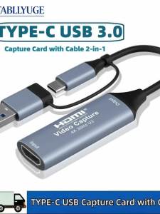 Video Capture Card HDMI to USB/USB-C Stream Capture Card 1080P 60fps for Game Recording Works with Windows Quest 3 Switch OBS PS