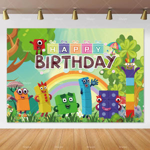 Cartoon Building Block Backdrop Kids Birthday Decorations Party Supplies Number Toy Bricks Baby Shower Banner Photo Shoot Props