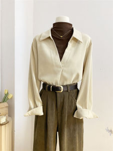 เสื้อเชิ้ตคอสูงแบบสวมหัวแขนยาวผ้าขนแกะผสมสำหรับผู้หญิงในฤดูใบไม้ผลิและฤดูใบไม้ร่วง เสื้อเชิ้ตแบบสวมทับชั้นในแบบหนา