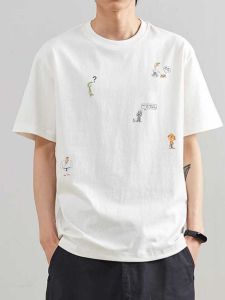 Summer New Heavyweight Pure Cotton American Style Mens T-shirt Short Sleeve White Oversize round Neck Print Casual Top