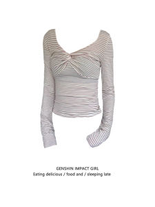 Korean Sweet Spicy Style V-Neck Knot Long Sleeve T-Shirt Womens Slim Fit Striped Color Block Autumn Pure Desirable Versatile Top