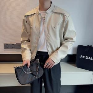 American Retro Padded Shoulder Short CleanFit Leather Jacket Mens Spring Autumn Trendy High-End Feel Small Motorcycle Jacket