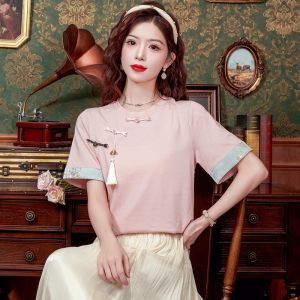 New Chinese Style Loose Fit Short Sleeve T-Shirt Womens Summer Top Asymmetric Design Button Detail Commute Wear round Neck