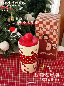 Red Apple Cherry Strawberry Ceramic Mugs Large Capacity Straw Cups New Year Gifts Cute High Aesthetic Value Water Cups