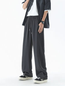 HuiTouLv กางเกงผ้าไหมน้ําแข็งผู้ชายฤดูร้อนสไตล์บางหลวมพอดีขากว้างตรงกางเกงกีฬาลําลองแฟชั่นอินเทรนด์