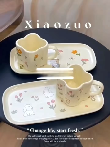 Ins Popular Ceramic 9.5 Inch Plates Cartoon Tulip Rabbits Floral Pigmented Cup Breakfast Dishes 200ml Mugs Milk Coffee Drinkware