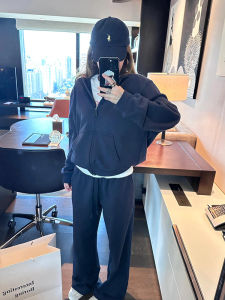 Slimming Korean Style Pure Cotton Sportswear Set Womens Casual Hoodie Sweatpants Two-Piece Suit Autumn Fashion Blue Color