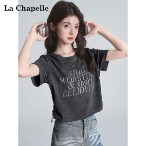 La Chapelle | Letter Print Grey Short Sleeve T-Shirt Women Summer Fitted