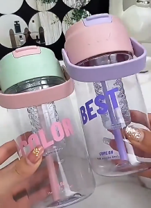 Botol Minum Tumbler Sekolah Liburan Transparan Anti Tumpah Modern Tutup Flip Sedotan Stylish 800ml