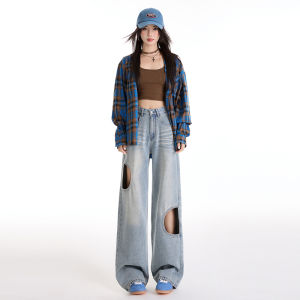 American Style Vintage Faded Hole Wide Leg Denim Pants Womens High Waist Loose Straight Floor-length 2025 Autumn Winter New Arrival Casual Cotton Jeans