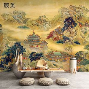 New Chinese Style Landscape Painting Paper Wall Decal for Restaurant Private Room Linghai Fairyland Map Living Room TV Background