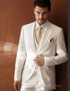 Formal Slim Fit Ivory Mens 3 Piece Groom Tuxedos Wedding Suits Peak Lapel Jacket Vest And Pants for Business Party Prom