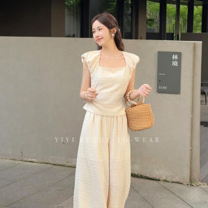 Sicily Summer Casual Set Womens New 2025 Wide Leg Pants Square Collar Top Two Piece Suit Fashionable Ensemble
