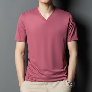Lormen Mens Short Sleeve T-Shirt Summer Thin Modal Ice Silk Round Neck Body Shirt Slim Casual Solid Color Top Fashion Urban Style