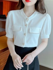 Slim Fit Short Sleeve round Neck Shirt Womens Summer Fashion Pearl Embellished Korean Style Pure Color Versatile Casual Top