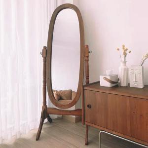 Retro Wooden Full Body Mirror French Style round Clothes-Matching Floor-standing Vintage Ins Popular Teenage Try Pad