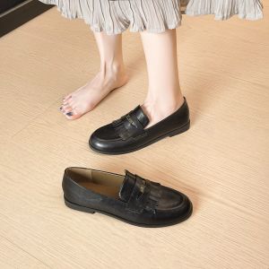 Women Fringe Tassel Loafers Retro Round Toe Flat Shoes British Style Comfortable Slip On Leather Shoes for Office Daily Walking