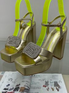 Summer 2023 Gold Color Block Diamond Embellished High Heel Sandals with Buckle Waterproof Platform Square Head Women Shoes