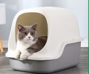 HATELI กล่องทรายแมว49x38x39cm ห้องน้ำแมวพลาสติกกึ่งปิดล้อมกันน้ำกระเซ็นกล่องทรายแมวปิดมิดชิดขนาดใหญ่