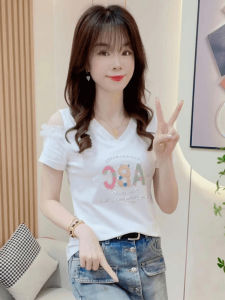 Slimming Pure Cotton Short Sleeve T-Shirt Womens Fashionable Summer New Loose Fit Shoulder Bared Rhinestone Design Top
