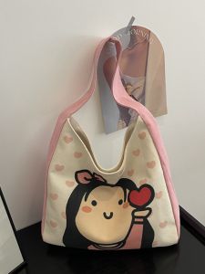 กระเป๋าผ้าใบทรงถังพกพาสุดเก๋สำหรับใช้ในชีวิตประจำวัน กระเป๋าใส่ของแบบมีซิปปิด กระเป๋าสะพายไหล่แบบลำลองสำหรับเยาวชน