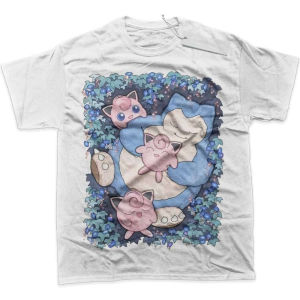 Bandai | Mens T Shirt Mens Sports T Shirt Mens Short Sleeve T Shirt Pokemon Snorlax Sleeping with Two Jigglypuff on Blue Purple Leaf