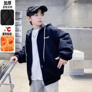 Thickened Cotton Hooded Jacket for Boys Warm Autumn Winter Clothes Child Medium Large Sizes Blue Color Casual Style Zipper Closure
